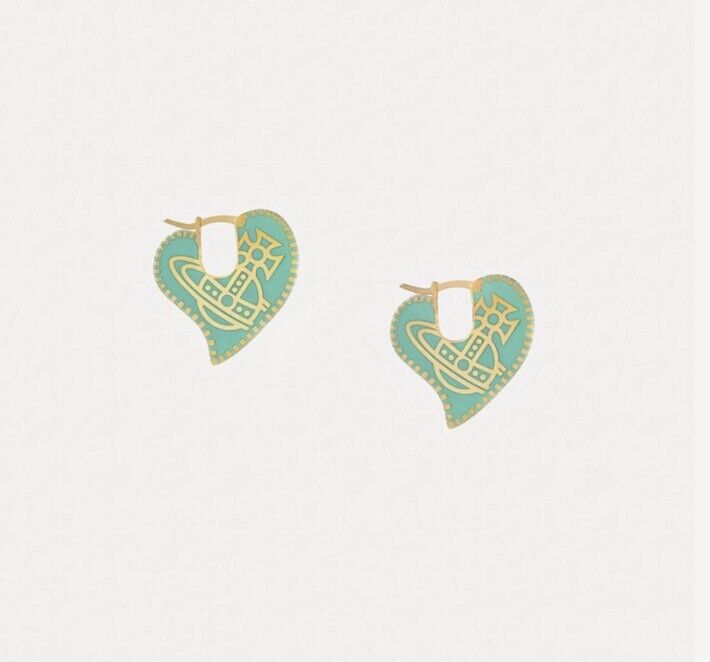 **Vivienne Westwood Amanda Green Heart Orb Earrings with Logo + Gift Packaging