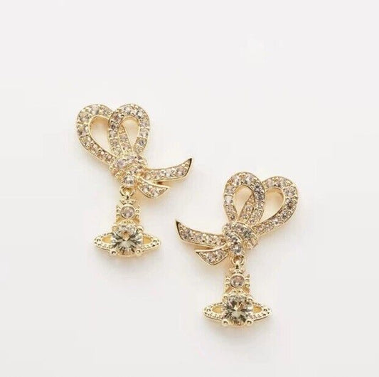 Vivienne Westwood Gold Bow  Orb Crystal Dangle Earrings With Gift Box