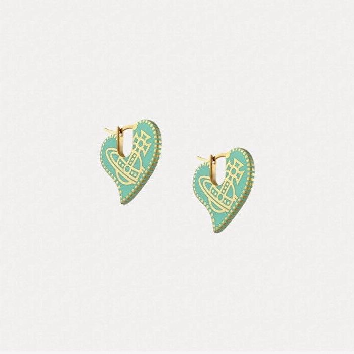 **Vivienne Westwood Amanda Green Heart Orb Earrings with Logo + Gift Packaging