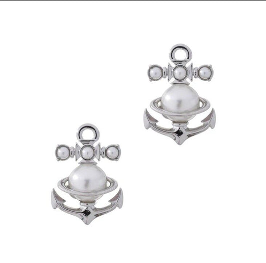 Vivienne Westwood Silver Anchor Earrings With Pearl - W/ Gift Box 