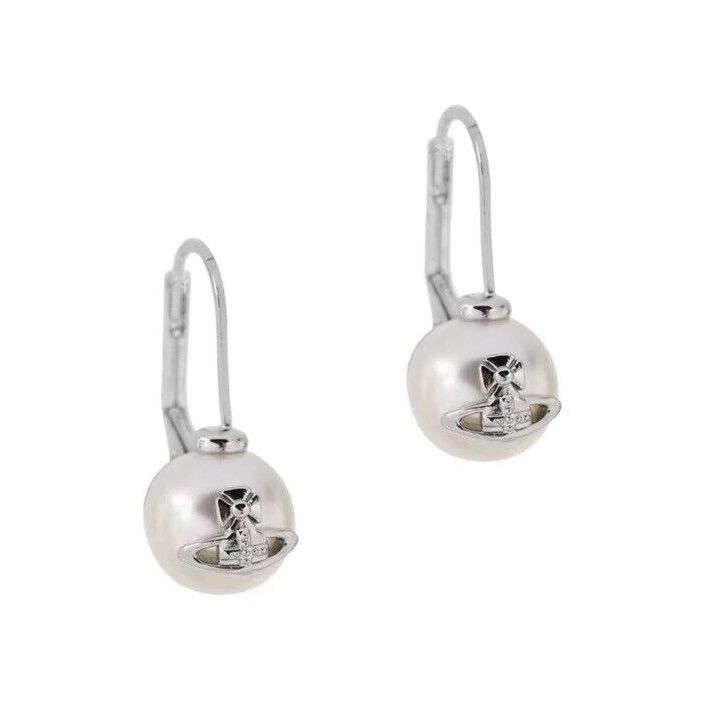 Vivienne Westwood Rhodium/Cream Rose Gia Pearl Drop Earrings With Gift Packaging